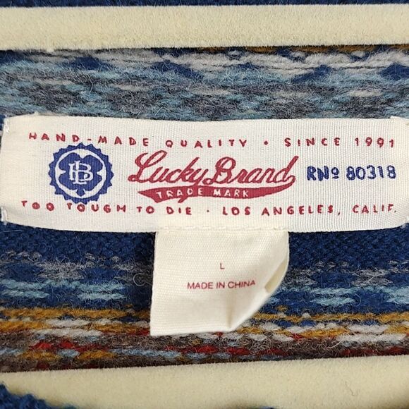 Lucky Brand Lambswool Striped Fair Isle Henley Sweater Unisex Size L - Picture 2 of 9